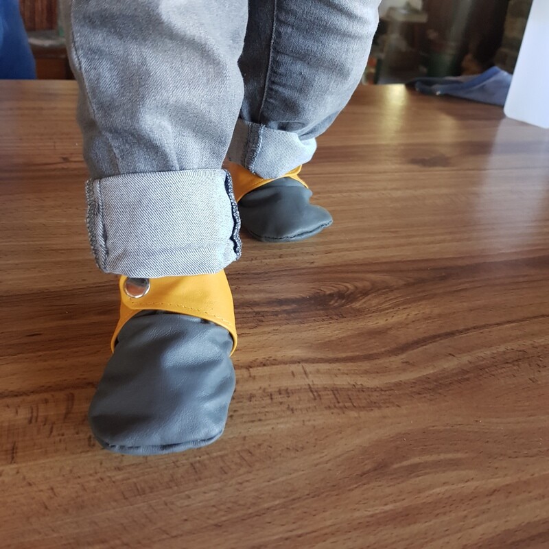 Hand Made Leather Baby Booties- Grey/Yellow