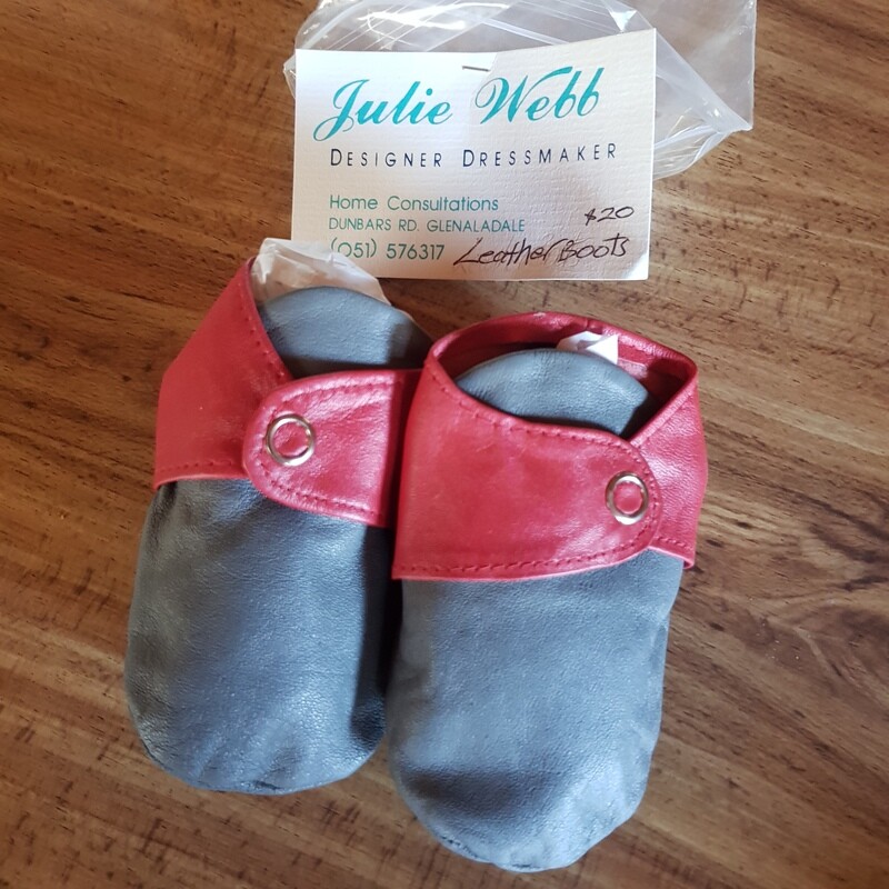 Hand Made 100% Leather Baby Booties - Grey/Red