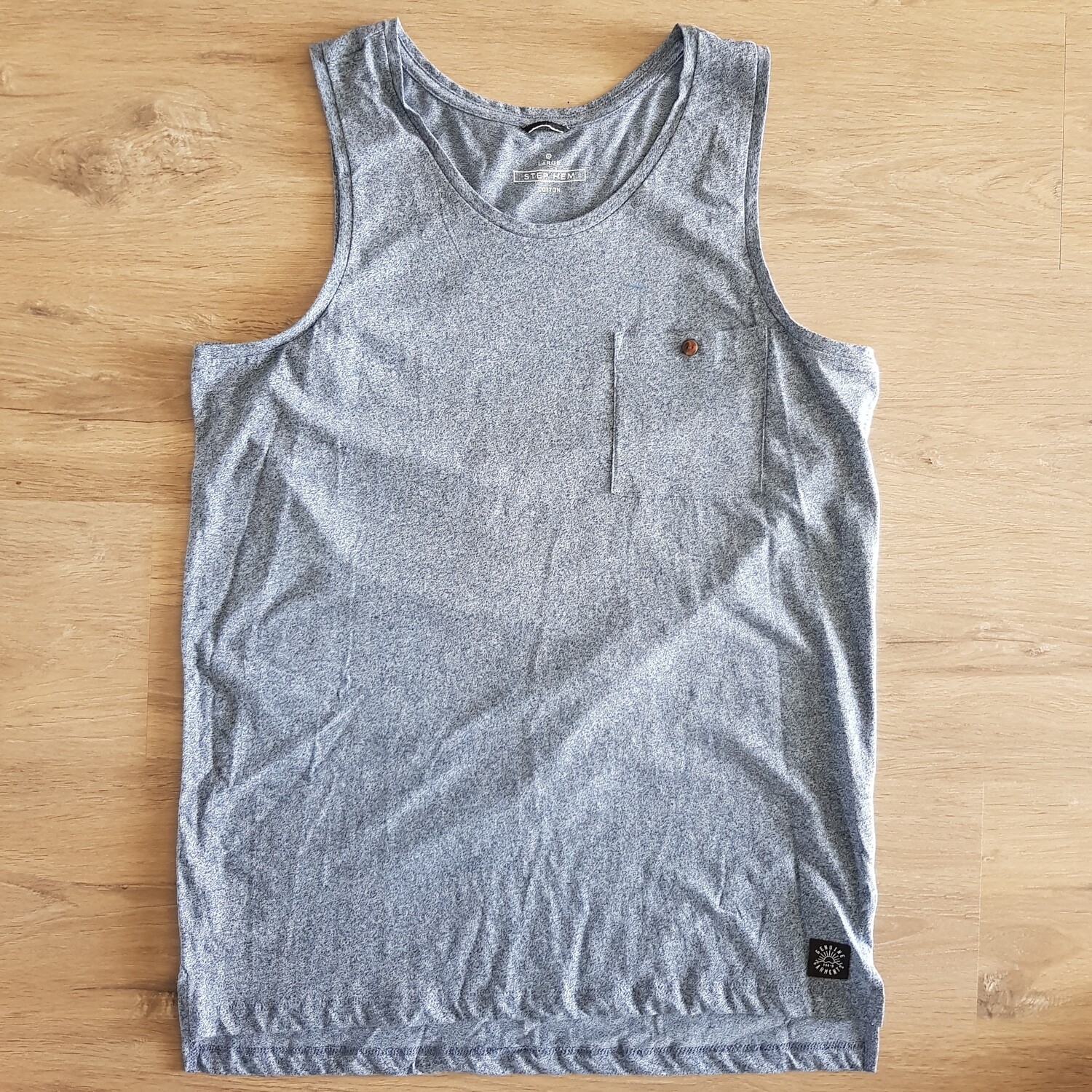 Mens Blue Tank Singlet Size LARGE -Print on Back