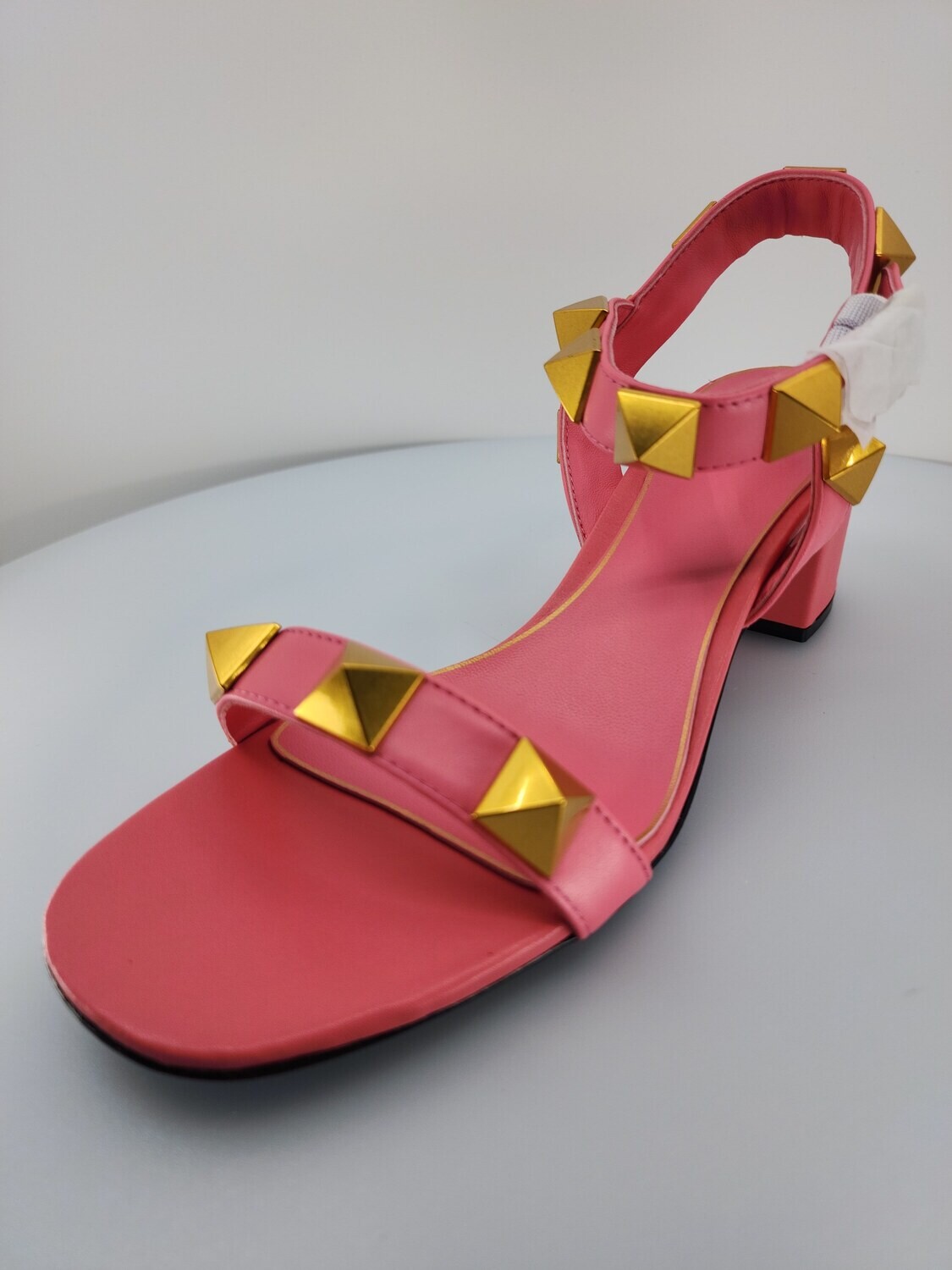 Roman Stud Leather Sandal Mid Heel Pink 6.5