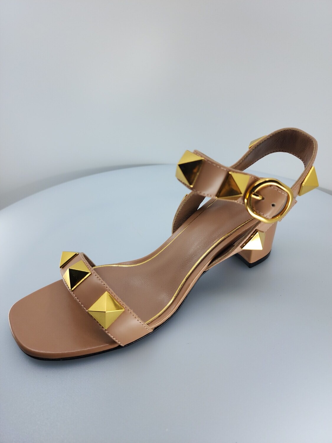 Roman Stud Leather Sandal Mid Heel Beige 6.5