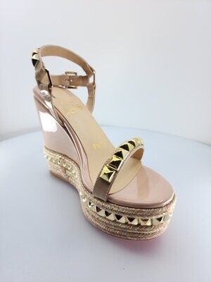 Beige Patent Leather Studded Cataclou Espadrille Wedge Sandals