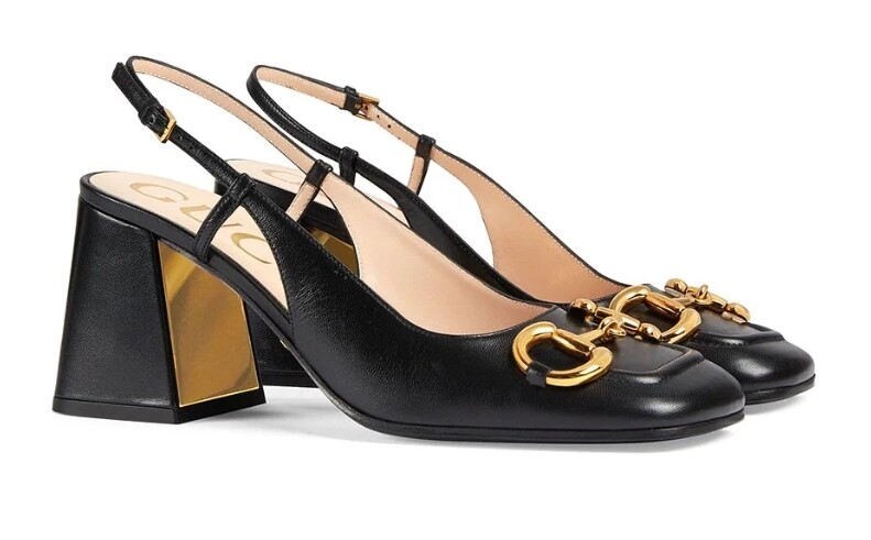 Horsebit mid-heel slingback pumps black