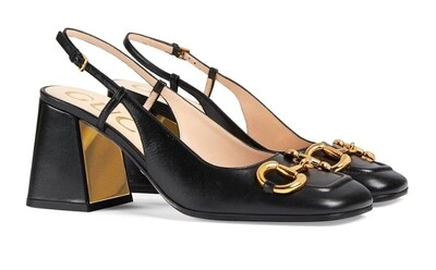 Horsebit mid-heel slingback pumps black
