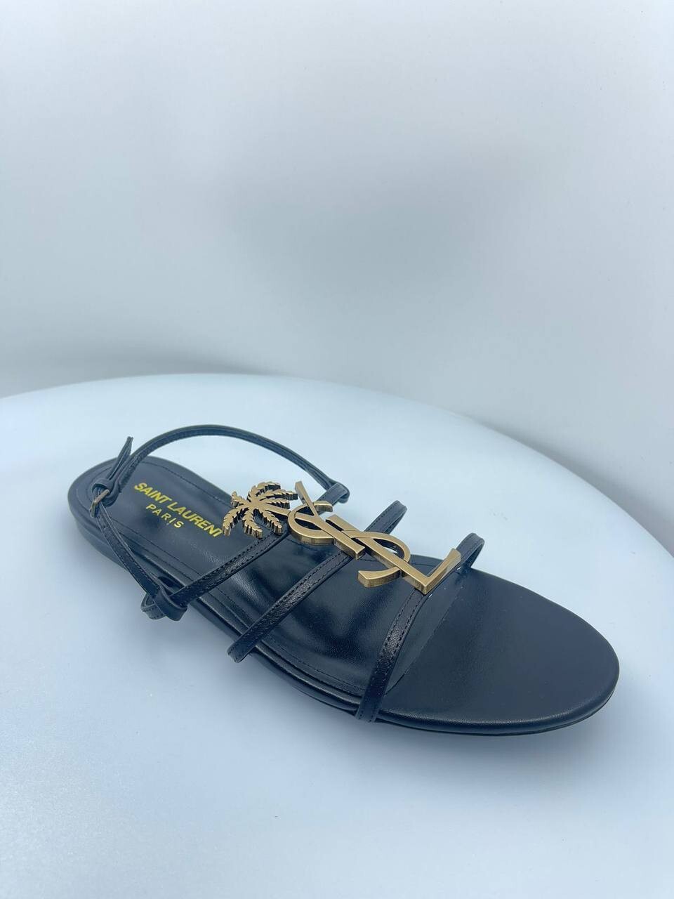 Logo black flat sandal gold logo