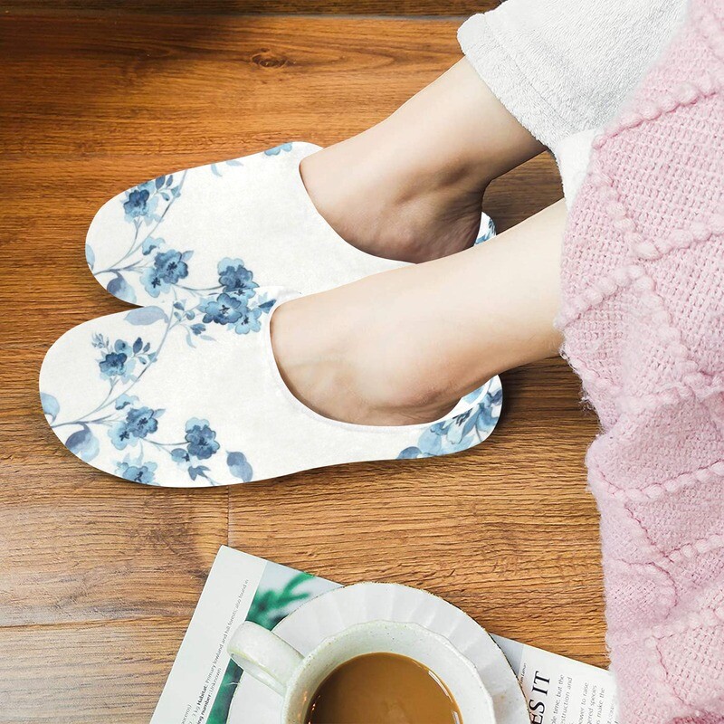 Soft Blue Floral Print Women's Non-Slip Cotton Slippers