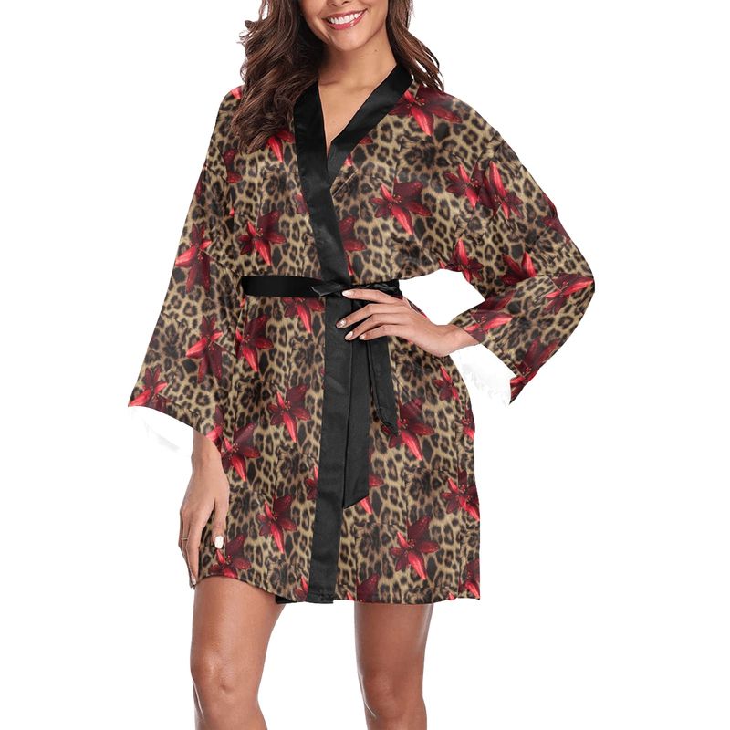 Leopard Long Sleeve Kimono Robe with Red Amaryllis