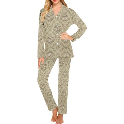 Spring Green Long pajamas Set With Pink Flowers
