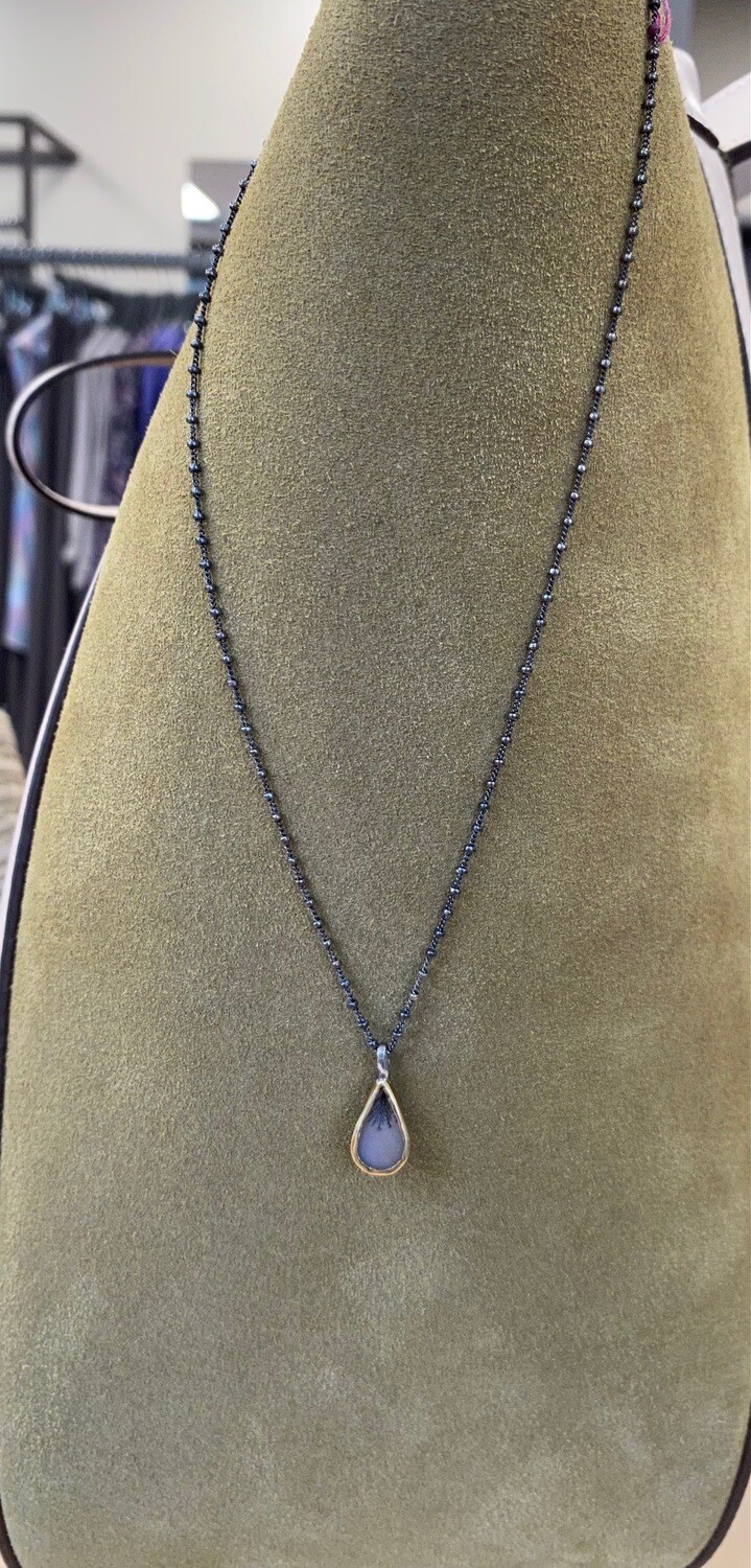 Dendretic Agate Oxidized silver/18 k bezel necklace, Liesl Pawliw