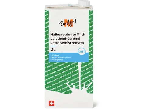 M-Budget · Lait demi-écrémé · IP-SUISSE, 1.5 % de gras, UHT 2L