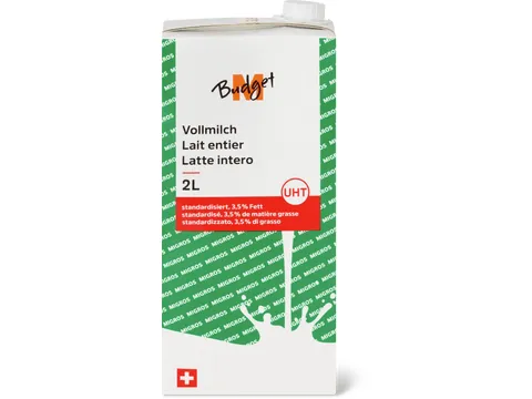 M-Budget · Lait entier · IP-SUISSE, 3.5 % de gras, UHT 2L