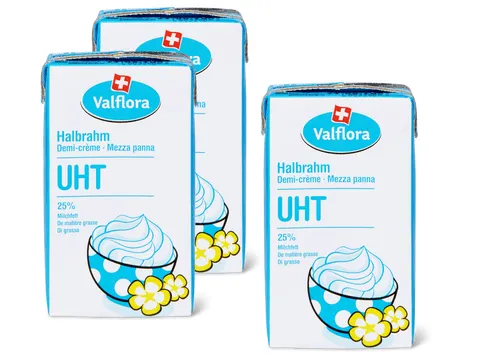 Valflora · Demi-crème · IP-SUISSE, 25% matière grasse laitière, UHT 3x125ml