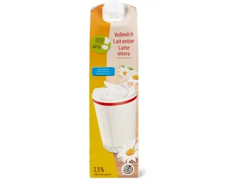 Lait entier · aha!, IP-SUISSE, 3.5% de gras, sans lactose 1l