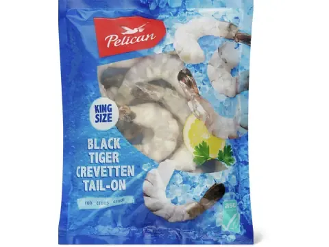 Pelican · Crevettes Black Tiger · Tail-on, crues, king size 400g