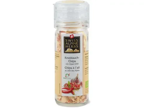 Swiss Alpine Herbs · Chips à l’ail · Bio, au chili des Alpes 40g