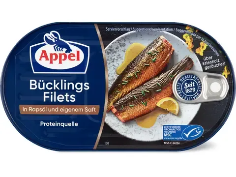 Appel · Filets de hareng · dans leur propre jus et à l’huile de colza, source de protéines 125g