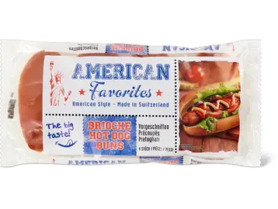 American Favorites · Petits pains briochés pour hot dog · précoupé 250g