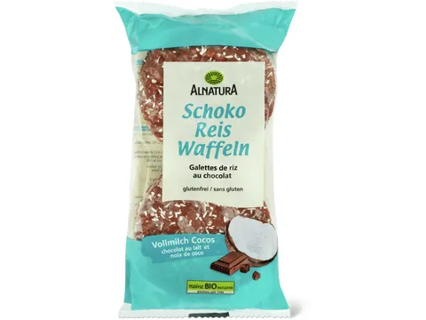 Alnatura · Galettes de riz au chocolat · Bio, Chocolat au lait et noix de coco 100g