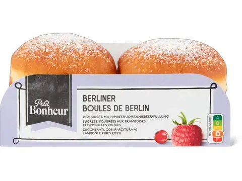 Petit Bonheur · Boules de Berlin · sucrées et fourrées aux framboises et groseilles rouges 140g