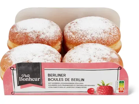 Petit Bonheur · Boules de Berlin · fourrées aux framboises et groseilles 280g