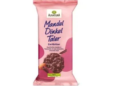 Alnatura · Gaufrettes rondes amandes et épeautre · Bio, Chocolat noir 100g