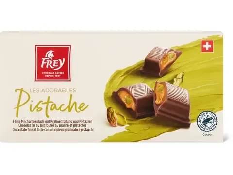Frey Les Adorables · Pistache · Chocolat au lait fourré au praliné et pistaches 100g
