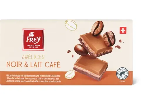 Frey Les Délices · Noir &amp; Lait Café · Chocolat au lait avec du croquant au café et chocolat extra noir 100g