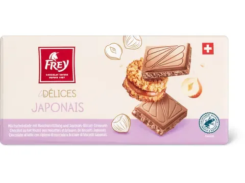 Frey Les Délices · Japonais · Chocolat au lait fourré aux noisettes et brisures de biscuits Japonai 100g