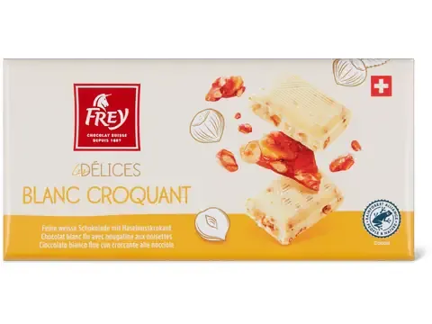 Frey Les Délices · Blanc croquant · Chocolat blanc avec nougatine aux noisettes 100g