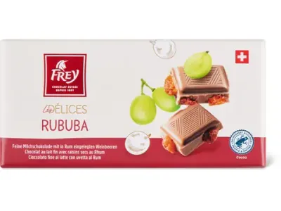 Frey Les Délices · Rububa · Chocolat au lait avec raisins secs et rhum 100g