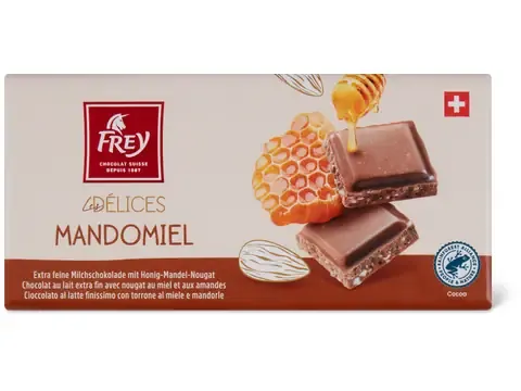 Frey Les Délices · Mandomiel · Chocolat au lait avec nougat au miel et aux amandes 100g
