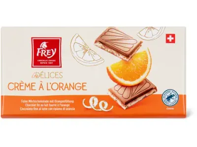 Frey Les Délices · Crème à l’orange · Chocolat au lait fourré à l’orange 100g