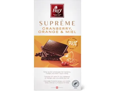 Frey Suprême  · Cranberry, orange &amp; miel · 72% cacao 100g