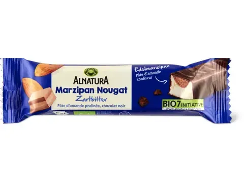 Alnatura · Barre · Bio, Pâte d’amande pralinée, chocolat noir, végétalien 40g