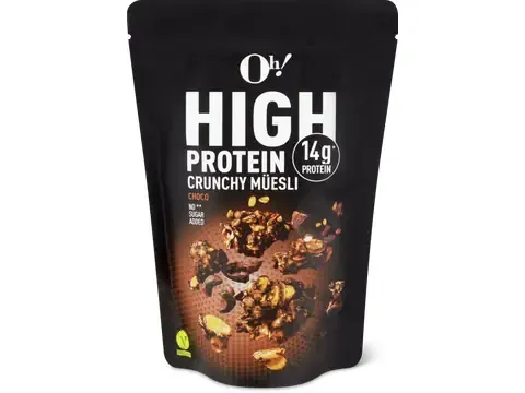 High Protein · Muesli Crunchy · Chocolat, végétalien, Sans sucre ajouté 500 g