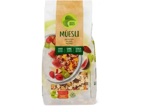 Muesli · aha!, Bio, aux fruits, sans gluten, Sans sucre ajouté 500g