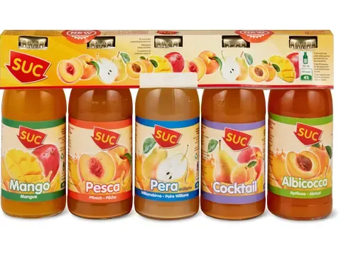 Suc assort. · mangue, pêche, poire, cocktail, abricot 5x120ml