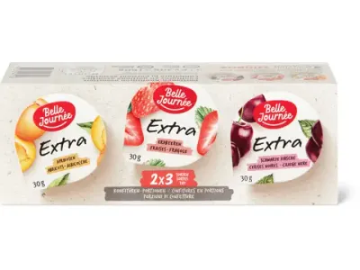 Belle Journée Extra · Confiture · Abricots, fraises et cerises noires 6 x 27g