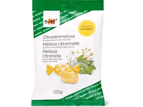 M-Budget · Bonbons aux herbes · Mélisse citronnelle, avec vitamine C, Sans sucre ajouté125g