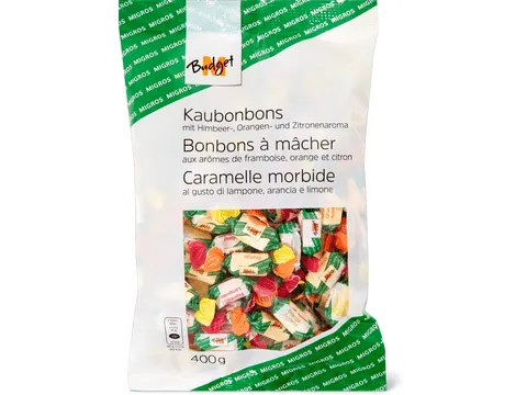 M-Budget · Bonbons à mâcher · Framboise, orange et citron 400g