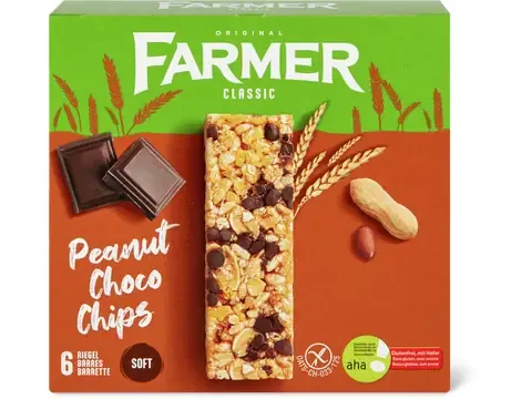 Farmer · Soft Peanut · aha!, Choco Chips, sans gluten 6x25g