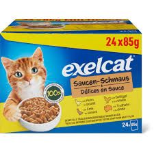 Exelcat · Délices en sauce · au poulet, au canard, à la volaille et à la dinde 24x85g