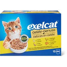Exelcat · Délices en gelée · au poulet, au canard, à la volaille et à la dinde  12x85g
