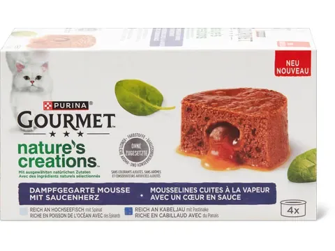 Gourmet Nature's Creations · Mousselines avec un cœur en sauce · riche en poissons de l’océan et en cabillaud 4 x 85g