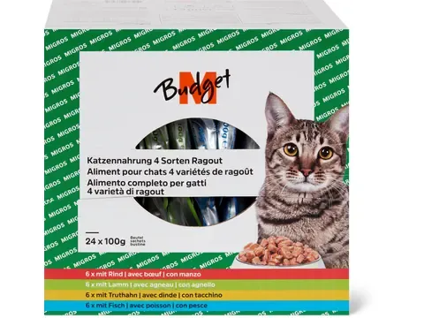 M-Budget · Aliment pour chats 4 variétés de ragoût · bœuf, agneau, dinde, poisson 24 x 100g