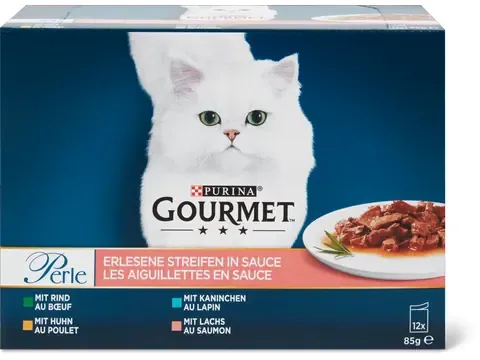 Gourmet Perle · Les aiguillettes en sauce · au bœuf, au poulet, au lapin et au saumon 12 x 85 g