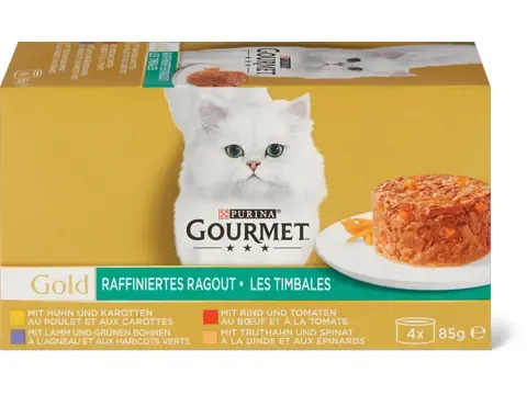 Gourmet Gold · Les timbales · au poulet, à l’agneau, au bœuf et à la dinde 4 x 85g