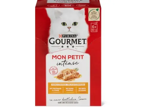 Gourmet Mon Petit · Délicats émincés Intense · à la dinde, au poulet et au canard 6 x 50g