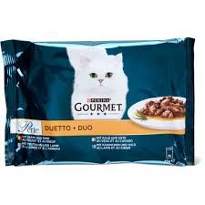 Gourmet Perle · Duo · au poulet, au bœuf, à l’agneau, à la dinde, au veau, au canard, au lapin et au gibier 4 x 85 g
