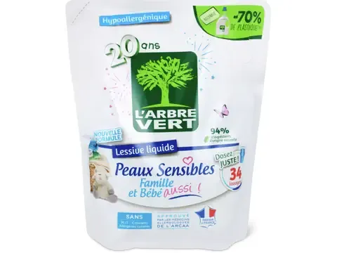 L'Arbre Vert · Lessive liquide · peaux sensibles, 34 lavages, refill 1.53l